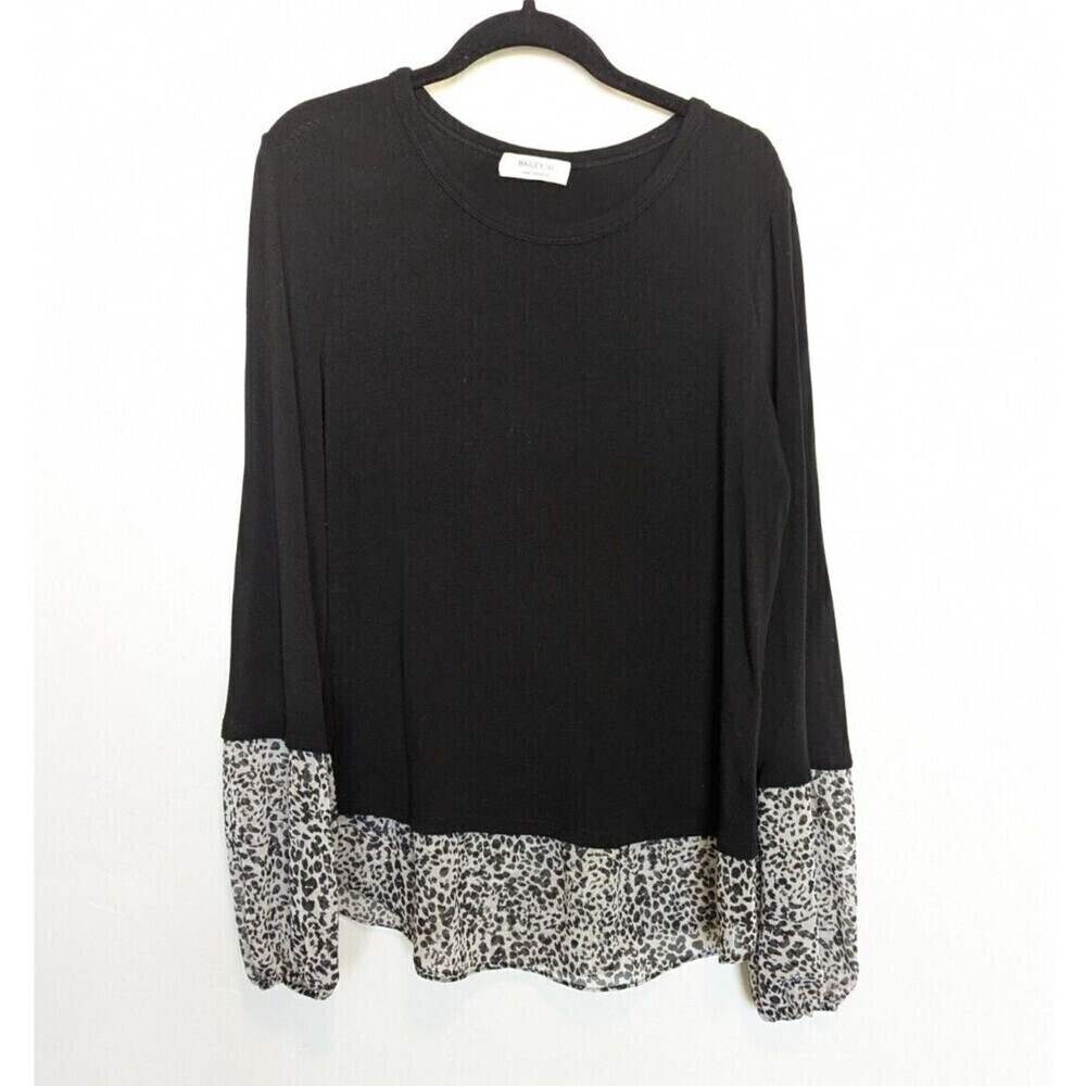 Bailey 44 Shirt Womens Large Black Wool Blend Long Sleeve Animal Print Tunic Top